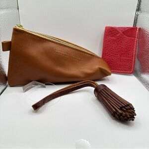 Portland Leather Goods Alpine Zip Pouch Honey + Red Card Holder + Pom Tassel Set